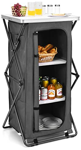 Giantex Fällbart campingförvaringsskåp med 3 hyllor och bärväska, bärbart utomhuscampingorganiserare, köksbord, snabb installation för BBQ camping picknick trädgård, kompakt popup-skåp, 117 cm H