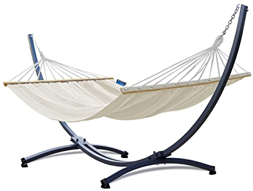 Potenza Outdoor Hängematte mit Gestell für 2 Personen I Stabhängematte XXL 220x160, 200kg I Hängemattengestell 220kg Wetterfest (Ecru, Basic Gestell Graphit)