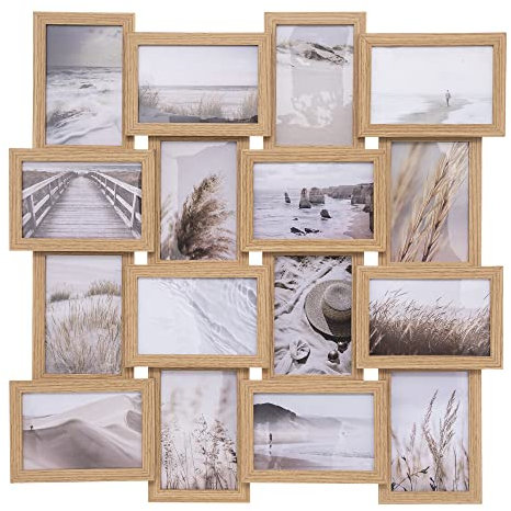 Atmosphera - Cadre Photos Pêle-Mêle Mural Bois Naturel, 58 x 58 cm, Pour 16 Photos - Décoration Pour Salon, Chambre