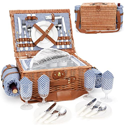 Cesta de picnic para 4, cestas de sauce aisladas con correa, impermeable con manta, mimbre hecha a mano para exteriores, gran regalo