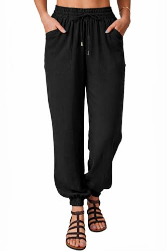 Nuofengkudu Mujer Hippie Pantalones Cagados Sueltos Verano Bolsillos Cordón Cintura Elastico Ligeros Pantalon Transpirable Liso Boho Bombachos Elegantes Playa Fiesta Casual Casa Harem Pants Negro M