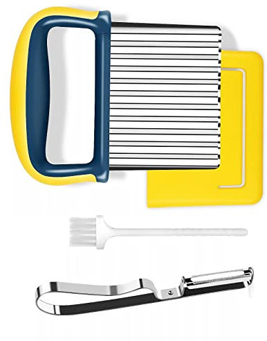 2 Stück Pommes Wellenmesser und Schäler Edelstahl, Sparschäler Gemüseschäler Edelstahl Kartoffelschneider, Wellenschneider aus Edelstahl, Für Gemüse, Kartoffeln, Zwiebeln und Obst(Gelb)
