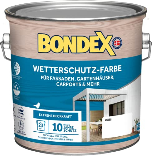 Bondex Wetterschutz Farbe Weiß 2,5 L für 23 m² | Extreme Deckkraft | Hervorragende Witterungsbeständigkeit | seidenglänzend | Wetterschutzfarbe | Holzfarbe