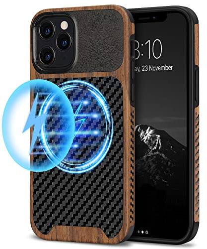 TENDLIN Coque Magnétique Compatible avec iPhone 12 Pro Max Etui Hybride en Bois et Carbone et Cuir Compatible avec MagSafe (Noir)