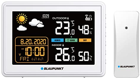 Blaupunkt WS30WH Wetterstation Digital Farbdisplay Funkwetterstation DCF-Funkuhr Multifunktionale Wetterstation Thermometer Hygrometer Innen und Außen LCD-Display mit Wettervorhersage