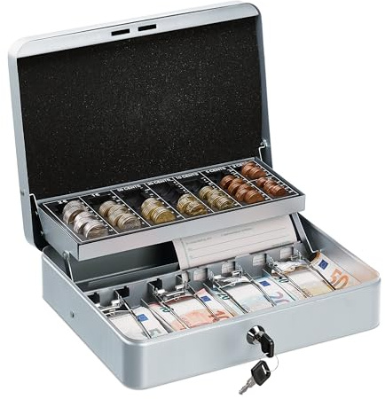 Relaxdays Caja Dinero con Llave, Bandeja Monedas y 4 Espacios Billetes, Cajita Hierro, 8,5x30,5x24,5 cm, Plateado