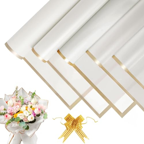 20 Blatt Blumenstrauß Geschenkpapier - Wasserdicht Wrapping Paper, Blumen Papier mit Band, Blumenpapier für Geschenkverpackungen, Blumen, Kunst und Handwerk (Weiß, 58x58cm)