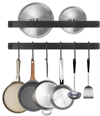 BIHOMIFI 2 Pack Steel-made Kitchen Utensil Rack Organizer Wall-mounted Pot Pans Wall Hanger Holder for Coffee Mug Rack Cup Hanging Kitchen Black with 10 S Hooks