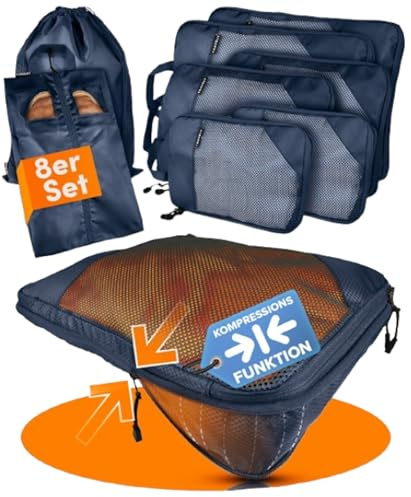 TRAVELY Packing Cubes Compression - 8-teiliges Set inkl. Schuhtasche & Wäschebeutel - Packwürfel Kompression als Koffer oder Rucksack Organizer - Packtaschen für Reise, Packbeutel, Kompressionsbeutel