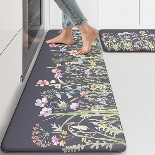 KIMODE Küchenmatte mit Blumenmuster, rutschfest, Bequeme Küchenmatten für Bodenspüle, Wäsche, Büro, Schreibtisch, Dunkelgrau/Lila, 43,2 x 119,4 cm + 43,2 x 73,7 cm