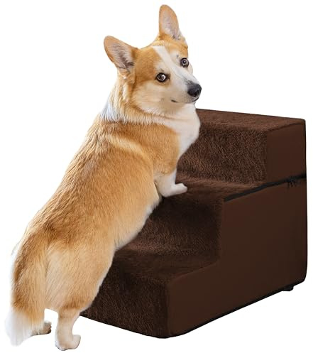 PRIORPET Hundsteg för soffa – 3 steg hundramp – 43 cm högdensitetsskum hundtrappor – små hundar – brun