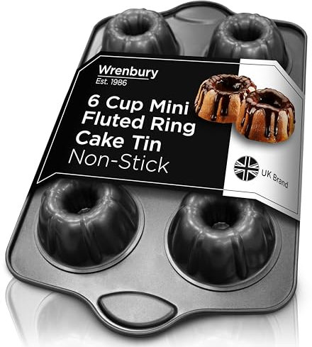 Wrenbury Mini Fluted Ring Cake Tin – 6 Cup Deep Non-Stick Carbon Steel Baking Tray - Small Ring Cake Mould for Individual Cakes & Desserts – PFOA Free Bakeware - 9.5cm Cup