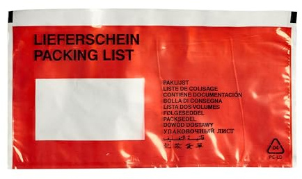 SPRINTIS Lieferscheintaschen selbstklebend, DIN-lang, 1000 Stück,transparent, rot/schwarz, zuverlässige Dokumententasche für Paketund Logistik