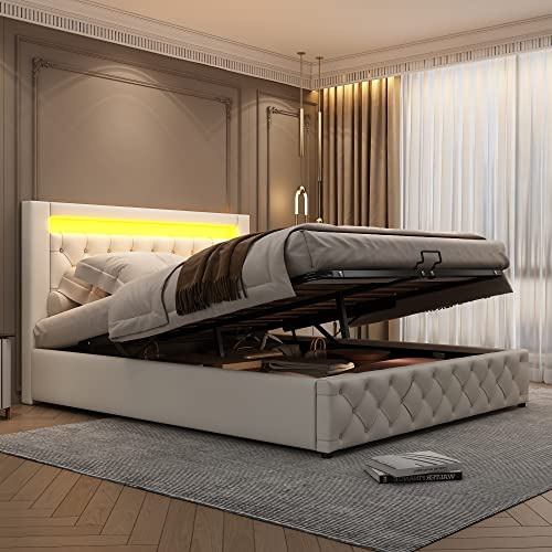 Merax Upholstered Bed Frame with Hydraulic Lift, 4FT6 Double Bed Frame with Slatted Frame and Storage Space, Functional Ottoman Bed, 16 Colors LED Lighting, Elegant PU Finish, White, 135x190cm