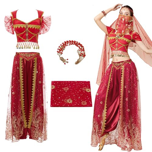 Bi Bi Hou Damen Jasmin Prinzessin Kostüm - Aladdin Arabische Verkleidung Mit Zubehör - Bauchtanz Outfit für Halloween, Karneval, Party, Bühnenauftritt - Erwachsene