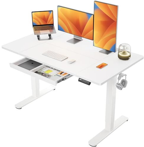 ErGear Mesa Escritorio Elevable 140 x 80 cm, Escritorio Elevable con 4 Memorias Inteligentes & Cajones, Diseño en T para Mayor Estabilidad, Tablero de Mesa con Ensamblaje, Marco y Superficie Blancos