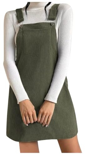 KBOPLEMQ Women's Corduroy A-line Mini Dress Button Down Strap Dress Autumn Winter Dungaree Dress with Pockets Elegant Cord Dress Teenager Girls Winter Dresses Loose Casual Dress Plain, O Green, M