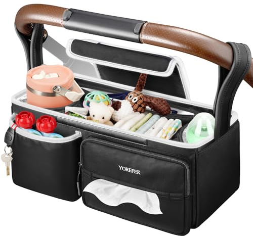 YOREPEK Spacious Stroller Caddy Fits for UPPAbaby Vista/Minu/Cruz, Adjustable Stroller Organizer with 2 Insulated Cup Holders, Easy-clean Stroller Bag for Travel, Walks, Accessories, Baby Essentials