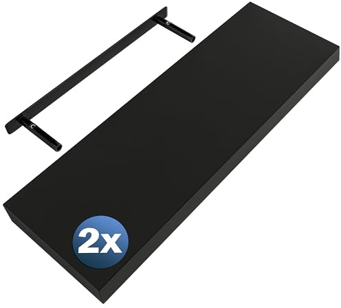 Casaria® 2X Wandregal Holz Schwarz Regal mit Halterung 15kg Tragkraft Hängeregal Küche Wohnzimmer Flur Wand Schweberegal Bücherregal Regalbrett Schwebend Matt 70cm