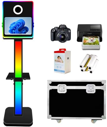 Portable 15,6'' écran tactile DSLR Photo Booth avec caméra et imprimante, Photobooth Shell Stand, Mini PC intégré, avec boîtier de vol, pour mariages, fêtes, célébrations et événements Location(Black)