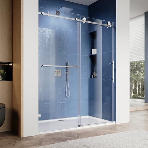 SUNNY SHOWER Frameless Shower Door 48 W x 76 H, Single Sliding Shower Glass Door, 5/16 Tempered Glass, Bathroom Sliding Door in Brushed Nickel