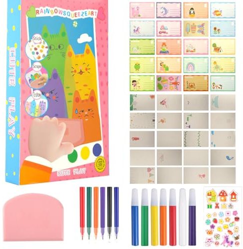 BOXOB 35stk Regenbogen Kratzkunst Set für Kinder, Kreatives Kratzpapier-Set Punktmalerei-Papier Geschenk für Jungen Mädchen DIY Postkarte Kunstprojekte Partygeschenke Spaßaktivitäten