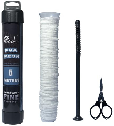 Croch PVA Netz 5M Wasserlöslich Karpfenfischerei Zubehör-Set mit Trichter, Kolben und Schere Schnell schmelzendes PVA-Netzbeutel-Refill für Boilie-Fütterung Köder(44MMx5M)