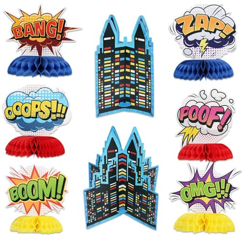 SAVITA 8pcs Hero Themed Party Decorations, Colorful 3D Tables Honeycomb Centerpieces Table Top Honeycomb Ornament for Birthday Baby Shower Party Decorations Supplies