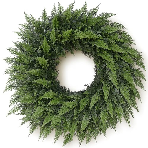 24 Real Touch Cedar Wreath for Front Door, Artificial Christmas Wreaths Faux Cedar Green Fake Pine Needles Wreath for Front Door Wall Windows Indoor Outdoor Christmas Decor