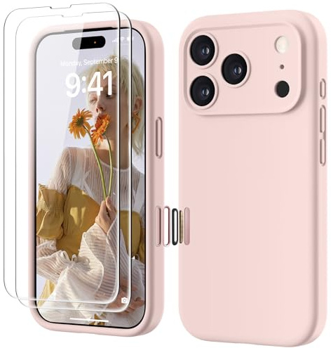 GOODVISH Silicone Cover per iPhone 17 Pro 6.3, Custodia con 2x Vetro Temperato [Pulsante Controllo Fotocamera] 360° Protezione Anticaduta Case per Cellulare Antiurto Resistente, Rosa Sabbia