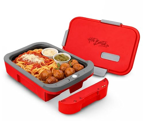 Hot Bento PLUS Cordless Electric Lunch Box – 10-15 Min FAST HEAT, Airplane Safe, Child-Safe Design, Removable Battery, 500ml Optimized Portion Size, Portable Food Warmer for Work & Travel (Ruby)