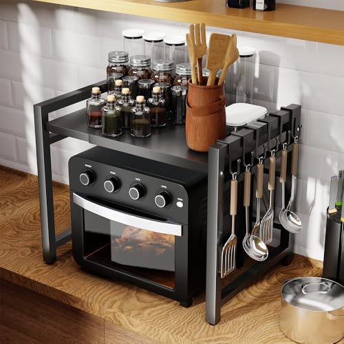 2-Tier Expandable Microwave Oven Rack, Shelf Stand Metal with 6 Hooks, Kitchen Counter Organizer Stand, Height Adjustable Carbon Steel Microwave Shelf, for Kitchen Counter Organizer