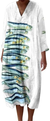 Vestido de verano para mujer medio largo fluido elegante y elegante camisa vestidos de manga larga holgados casuales una línea de estampado de flores vestidos de cuello en V redondo bohemio vestido de