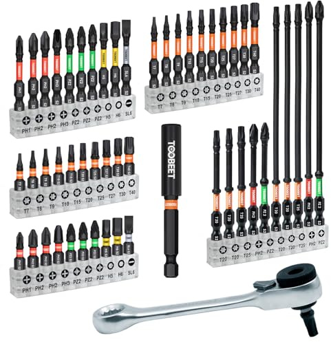 Toobeet Jeu de 52 Embouts de Vissage Impact S2 (25/50/75/150mm), Torx T7-T40, PH, PZ2, Hex, Fente, avec Mini Clé à Cliquet & Porte-Embout Magnétique, Idéal pour Visseuse à Choc & Zones Étroites