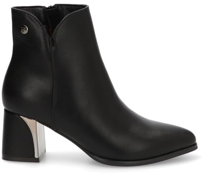 Etika Botines de Tacón Ancho para Mujer, Botín Elegante de Punta Almendrada con Detalle Metálico en el Tacón de 6cm, Cierre con Cremallera, Modelo 32019 Negro - 37