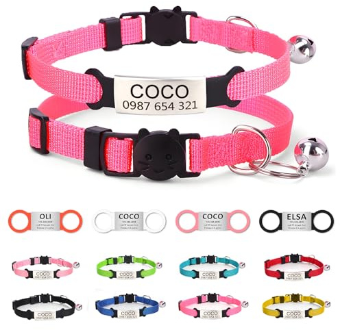 Personalisierter Katzenhalsband mit graviertem Anhänger & Glocke, Rosa | Individuell gravierter Name langlebiges Polyester‑Material, verstellbar, für männliche & weibliche Katzen & Kätzchen