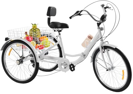 ARBGO 24 Zoll Dreirad für Erwachsene, Klappbar Dreirad, Scheibenbremse, 7 Gänge 3 Rad Fahrrad mit LED Licht Gemüsekorb Becherhalter, SitzhöHe Verstellbar, für Erholung, Einkaufen (Weiß)