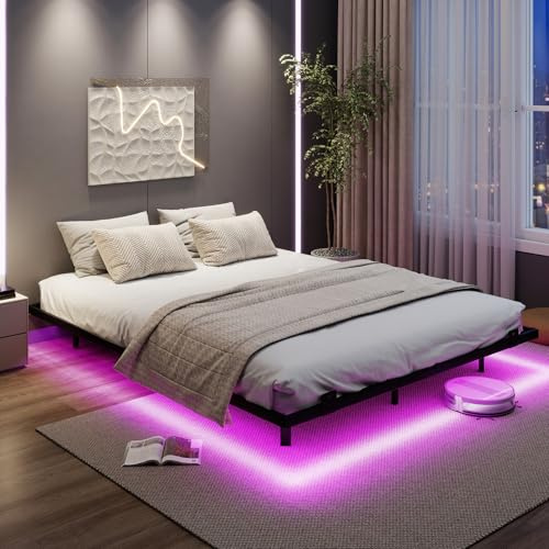 COSTWAY Telaio Letto Galleggiante, Letto Matrimoniale 160 x 200 cm in Metallo con Luci LED Fissaggio per Materasso, Doghe Resistenti a Carico Pesante, Carico 400 kg