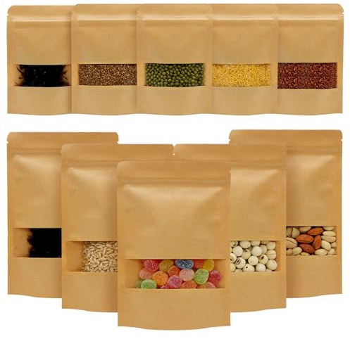 SPOKKI 80 Kraftpapiertüten mit Fenster 22x15/10x15 Wiederverwendbar Kraftpapier Tüten mit Sichtfenster Kraftpapier Beutel mit Reißverschluss Papiertaschen für Nüsse Süßigkeiten Kaffeebohnen Teeblätter