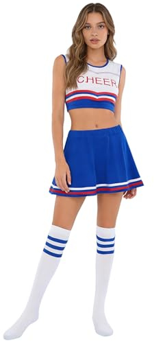 HULIJA Damen Cheerleading Outfit 3-teilig ärmelloses Crop Top Buchstabenprint Rock mit Streifenbund und Socken für Bühne Blau S
