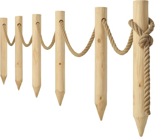 TIMBERMIK Trästaket 6x Trästolpar Ø8 x 80 cm + 12 m Juterep | Staketstängsel för Trädgård | Trä | Oimpregnerat