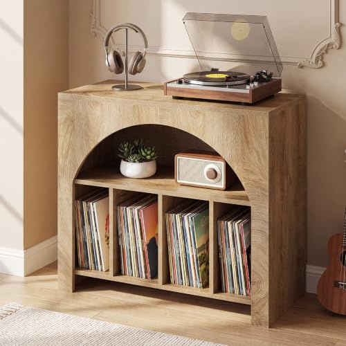 Tribesigns Supporto per Giradischi, 80 x 40 x 70 cm, Può Contenere Fino a 370 Dischi, Porta Dischi in Vinile in Stile Mid-Century con Gambe in Legno per Circa Vinili, CD, Album, Giradischi, Marrone