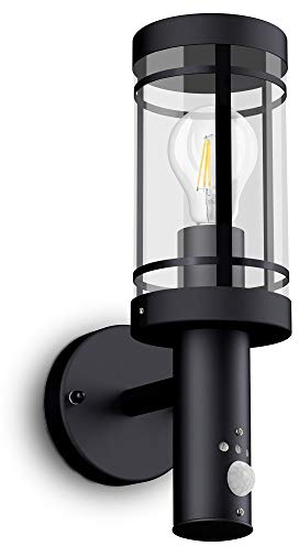 SSC-LUXon® LED Wandleuchte MOVI - Laterne mit Bewegungsmelder für Außen IP44 in schwarz inkl. LED Birne E27 6W warmweiß