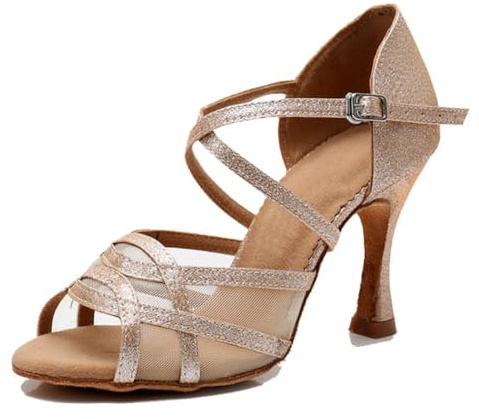 MGM-Joymod Sandali da Donna Comfort Mesh Glitter Salsa Tango Sala da Ballo Latina Moderni Scarpe da Ballo Matrimonio Party Sandali, Oro Glitzer, 9 cm Absatz,40.5 EU