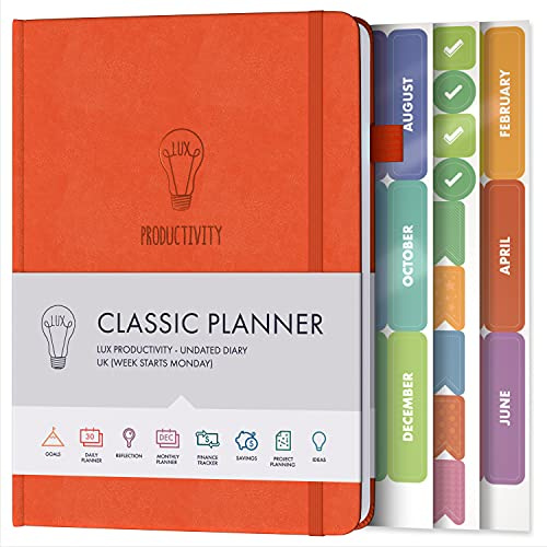 Agenda giornaliera e appuntamenti – Diario di gratitudine, diario benessere e pianificatori settimanali non datati – Diari da scrivania per donne e uomini – LUX Productivity Classic (arancione tigre)