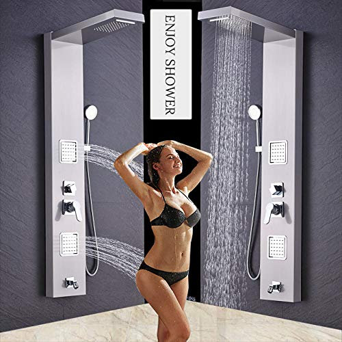 Wieoc Gebürstete Nickel Edelstahl 5-Funktion-Wasserfall-Regen-Duschkanal mit Massagesystem-Wannen-Auslauf- und Handsäschen-Duschsäule