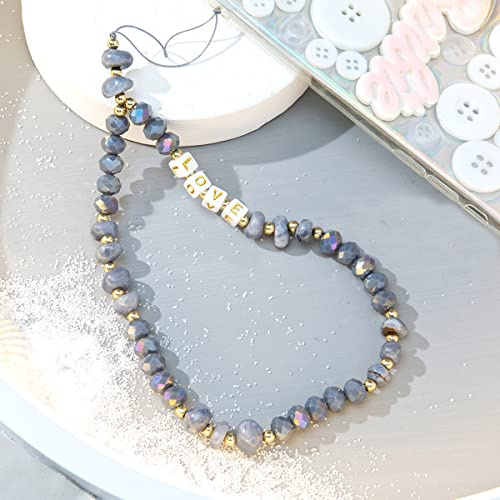 Universale Handykette Perlen Handyanhänger,Handy Schlüsselban Handy Lanyard Telefon Anhänger Seil Bunte Love Kristall Stein Perlen Telefon Kette Strap für Frauen,Auto Schlüsselanhänge,30cm Grau