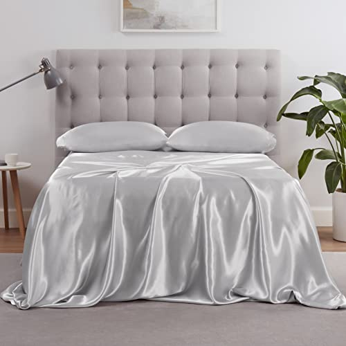 Serta SatinLuxury - Juego de sábanas de satén sedosas de 4 Piezas con Bolsillos Profundos y Fundas de Almohada, tamaño King, Color Gris Plateado