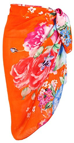 Faletony Sarongs for Women Beachwear Swimsuit Cover Ups Chiffon Pareo Beach Wrap Bright Floral Pattern Summer Holiday Sarong Skirt Orange Floral