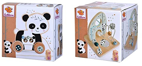 Eichhorn - Nachziehtier, Panda mit Geräuschen und Bewegung, 15 cm lang, aus Birkenholz& Motorikschleife zur Förderung der motorischen Fähigkeiten, 2 Schleifen, mit Spiegelfläche, 14x14x14 cm